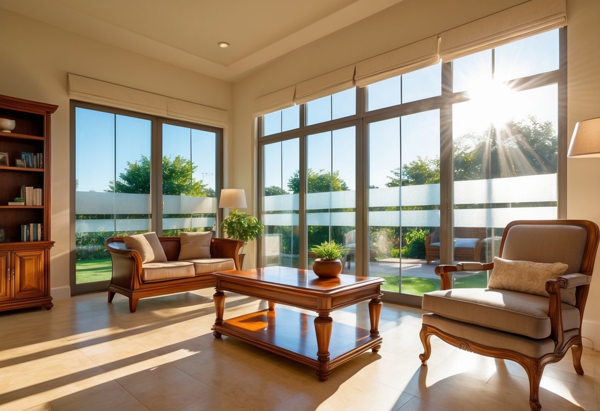 Sala moderna con muebles de madera protegidos del sol por láminas solares en las ventanas.