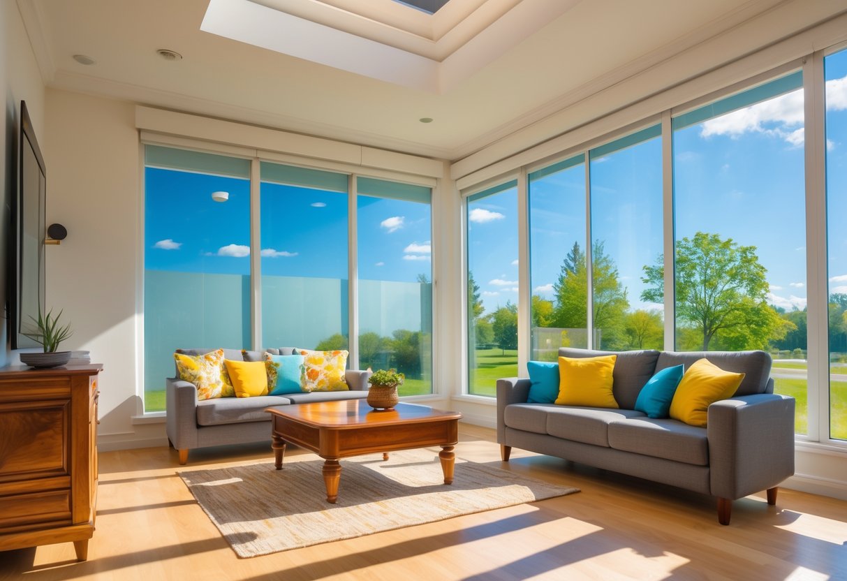 Sala de estar con muebles de madera en buen estado iluminada por luz solar filtrada a través de ventanas con láminas solares.