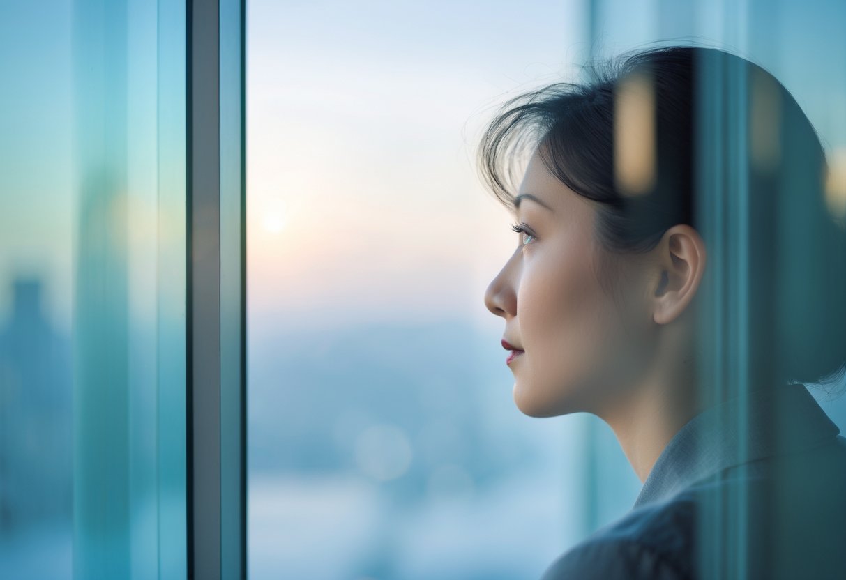 Persona mirando a través de una ventana desde el interior, con el exterior borroso y poco visible.