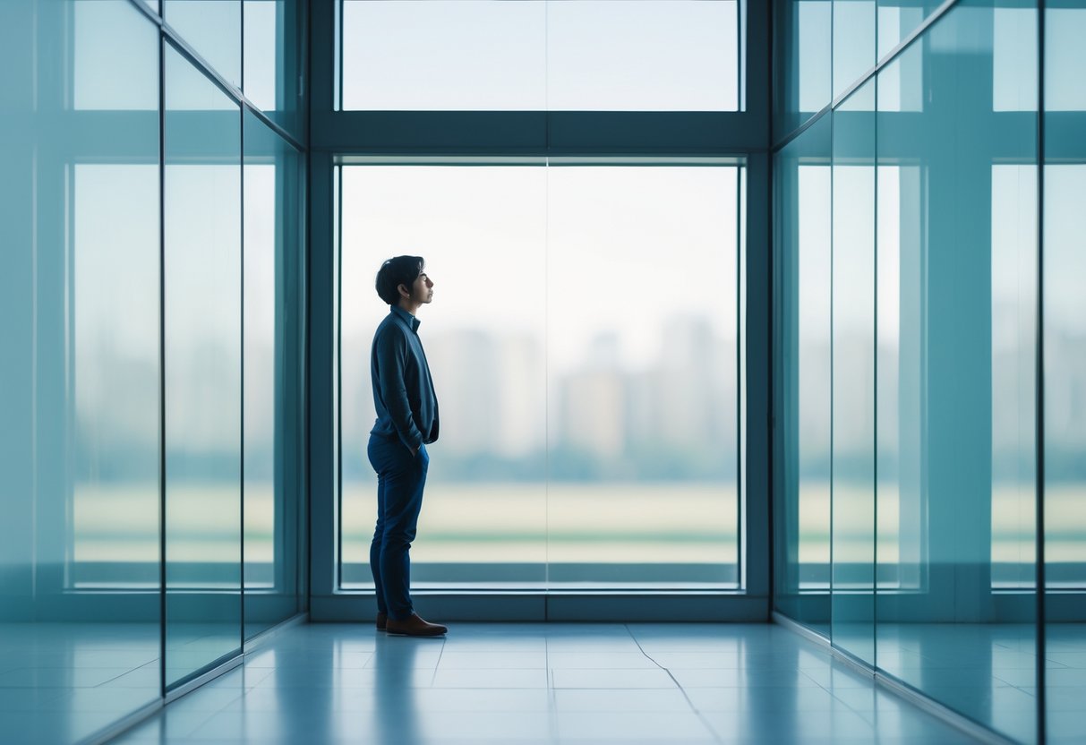 Persona dentro de una habitación de vidrio transparente mirando hacia afuera con expresión pensativa, mientras el exterior está borroso.