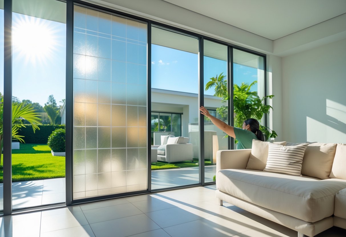 Interior de una sala moderna con una ventana equipada con láminas reflectantes para reducir el calor, con una persona tocando la lámina.