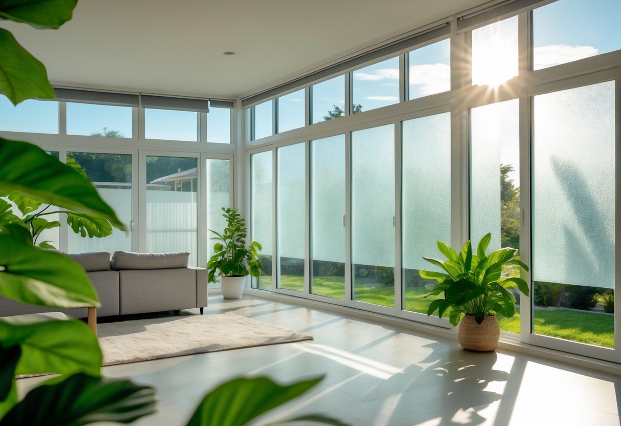 Sala de estar moderna con ventanas equipadas con láminas transparentes que reducen la temperatura interior sin aire acondicionado.