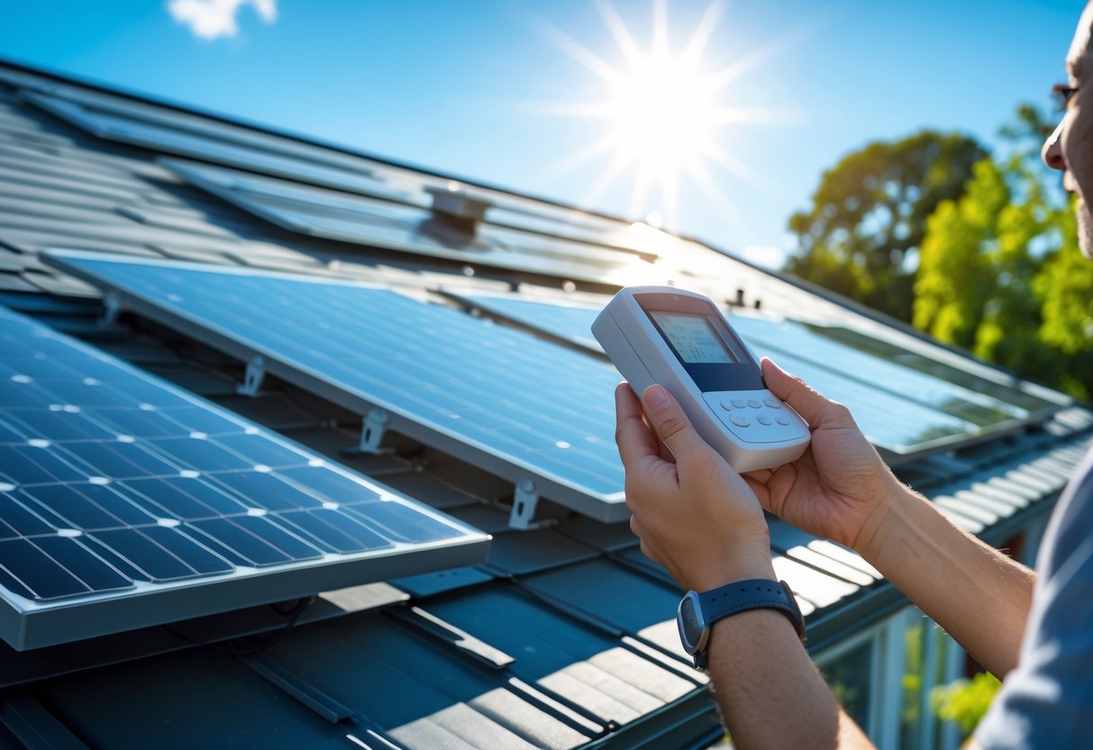 Casa moderna con paneles solares en el techo y una persona ajustando un termostato de aire acondicionado en la pared exterior.