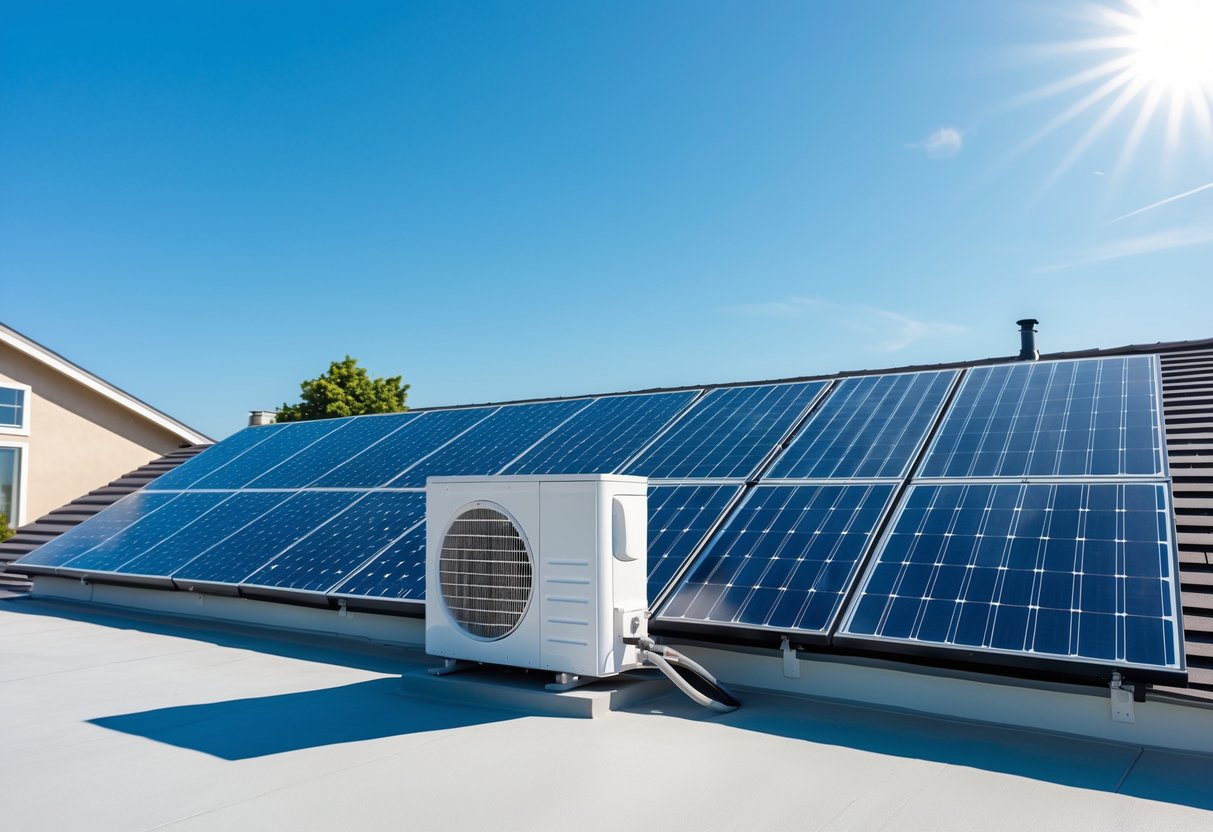 Techo de una casa con paneles solares y un aire acondicionado moderno al aire libre bajo un cielo despejado.