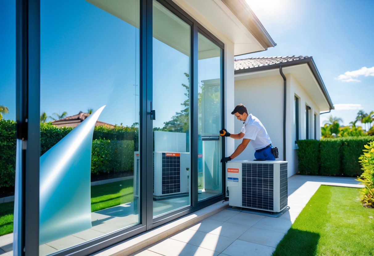 Técnico instalando láminas solares en las ventanas de una casa moderna con aire acondicionado visible.