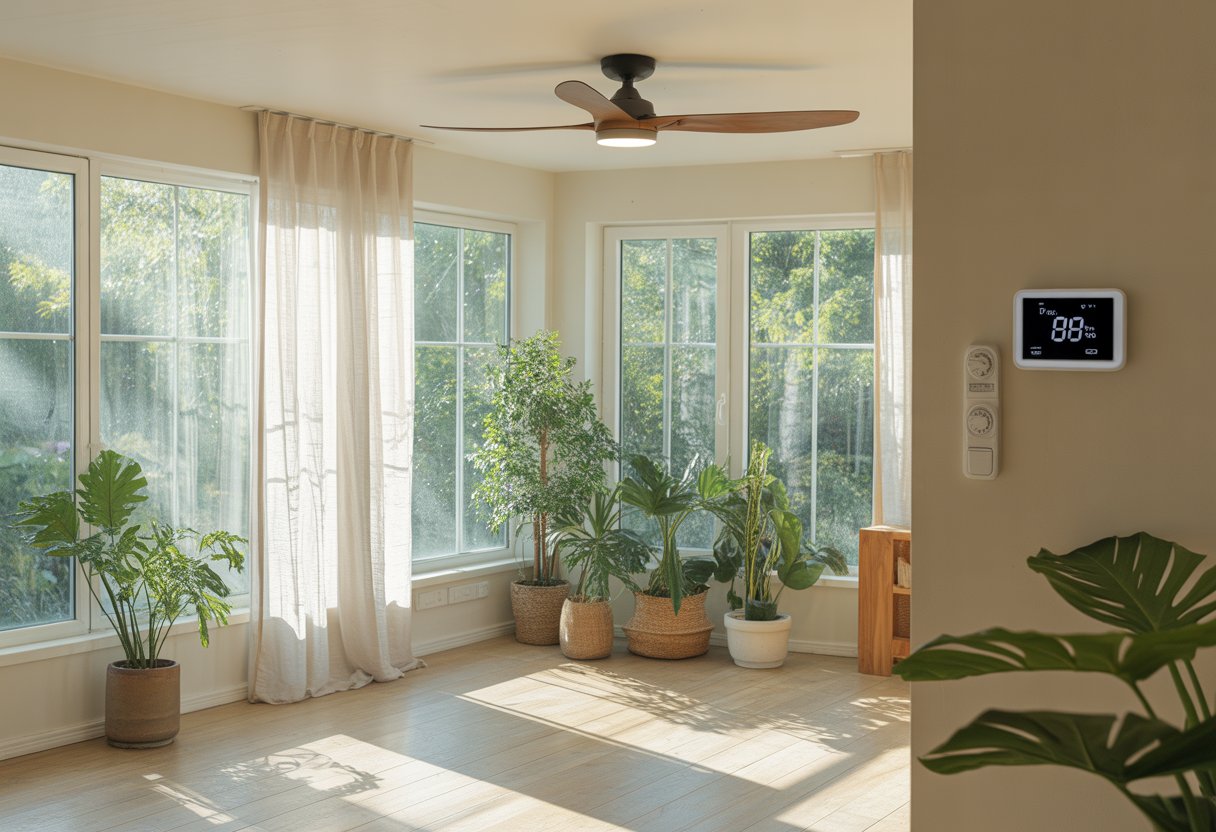 Una sala moderna con ventanas grandes que reciben sol directo por la tarde, con un ventilador de techo funcionando, cortinas claras parcialmente cerradas y plantas cerca de las ventanas.