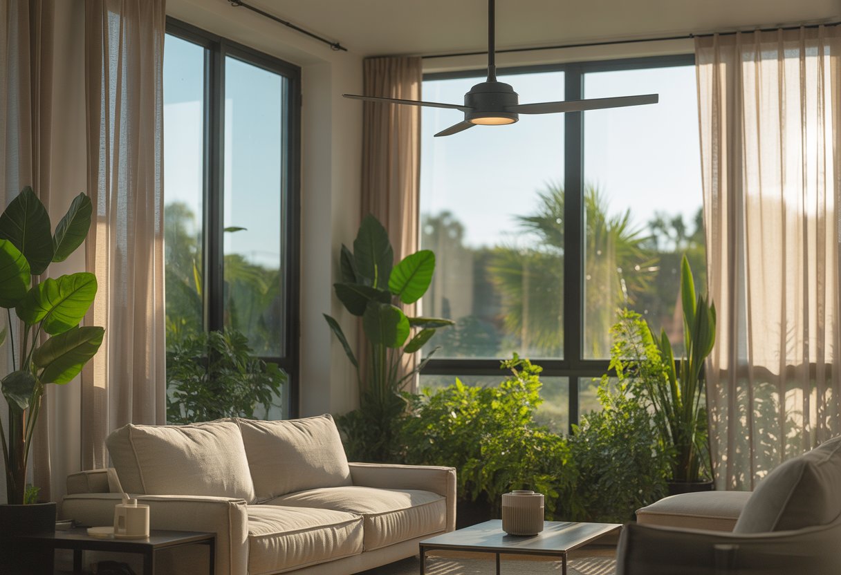 Sala de estar con grandes ventanas y cortinas translúcidas que filtran la luz del sol de la tarde, plantas cerca de las ventanas y un ventilador de techo encendido.