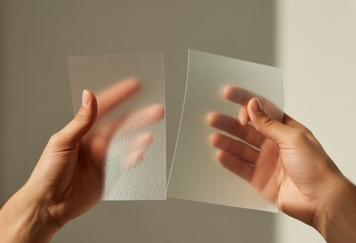 Manos sosteniendo muestras de vinilos efecto ácido y láminas de espejo unidireccional para comparar sus texturas y apariencia.