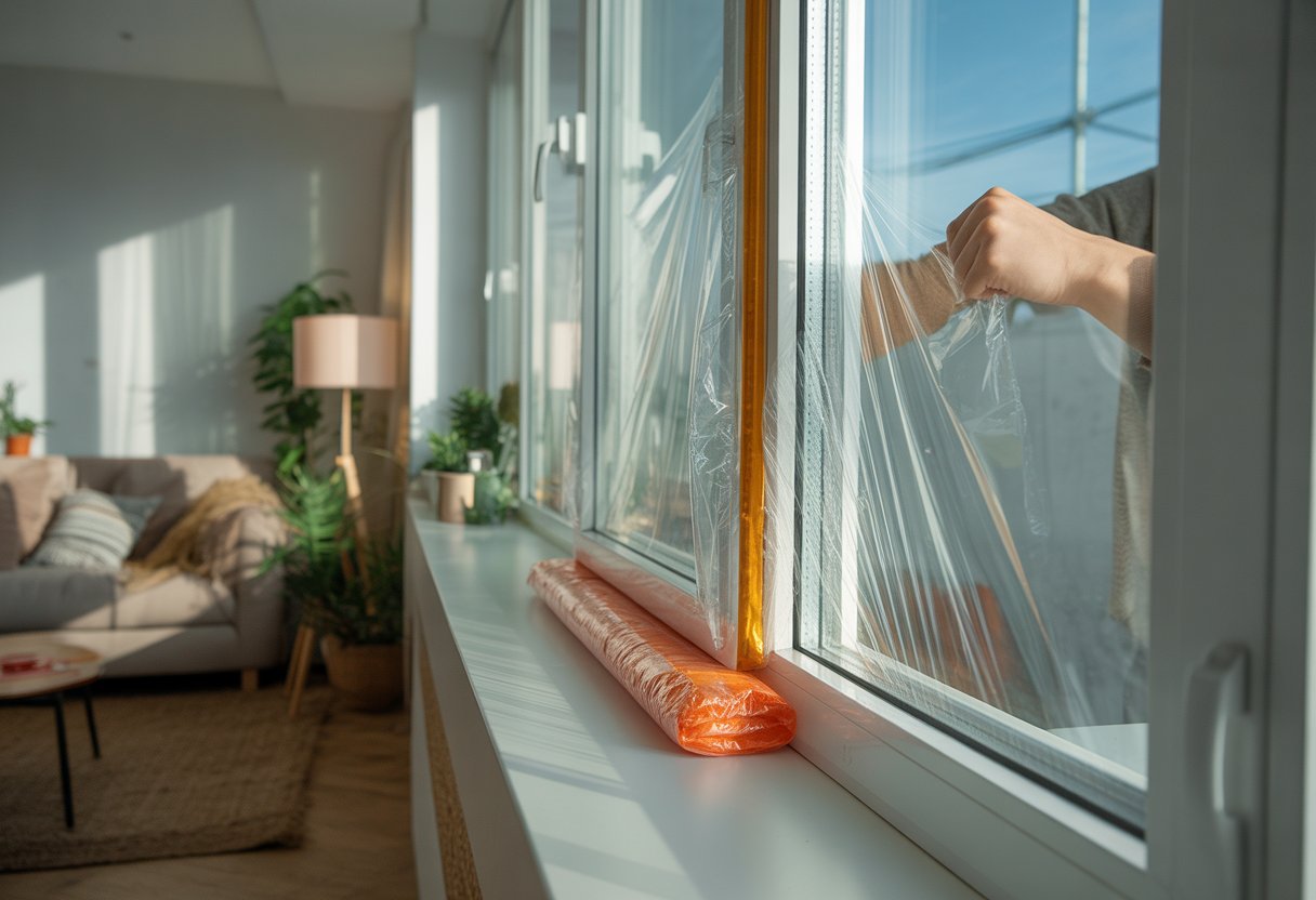 Interior de un apartamento mostrando una ventana con métodos temporales para aislar del frío y el calor, como film plástico y burletes, sin cambios permanentes.