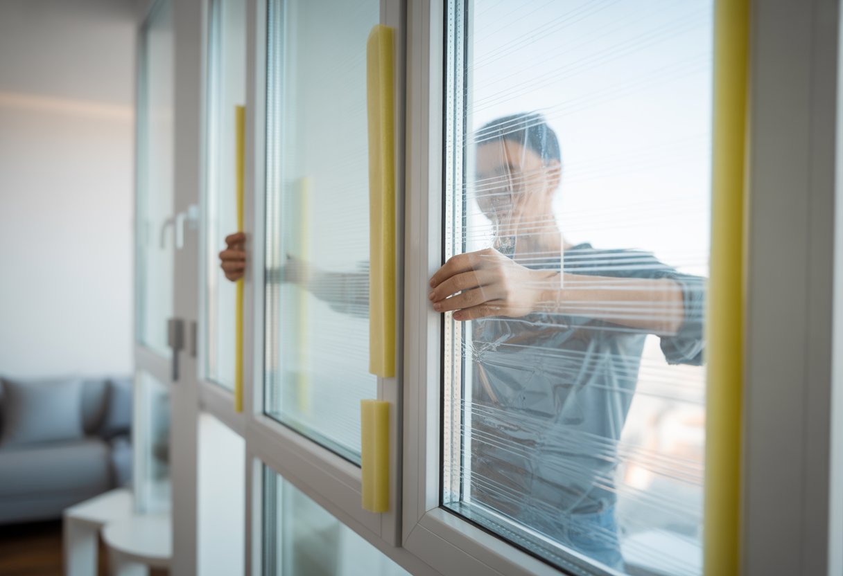 Manos aplicando una película plástica transparente para aislar una ventana en un apartamento de alquiler.