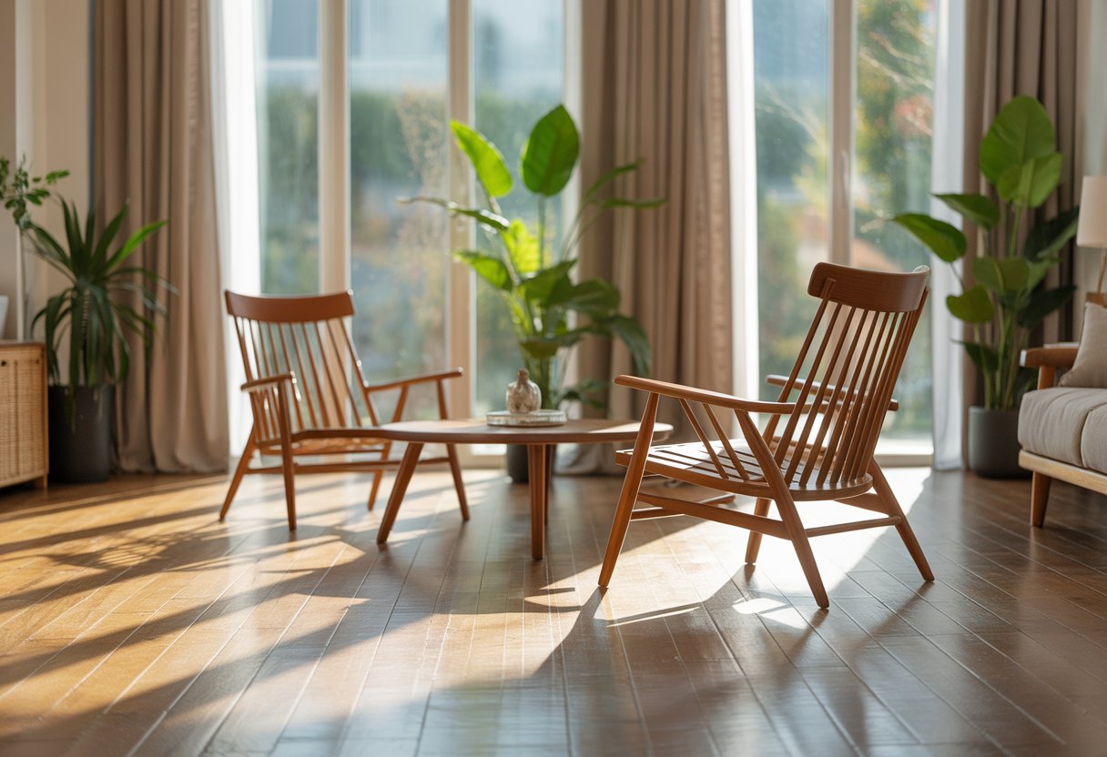 Sala de estar luminosa con muebles y suelos de madera bien cuidados protegidos de la luz solar directa.