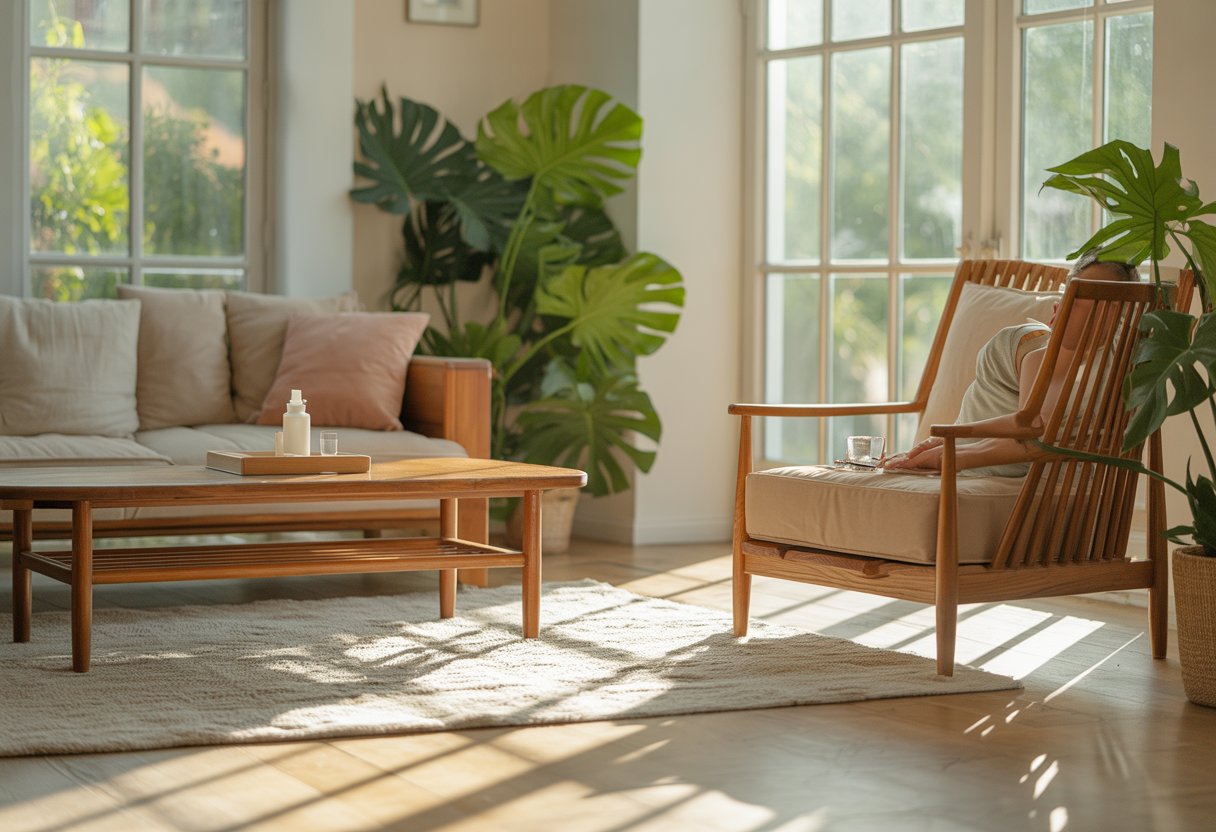 Sala de estar con muebles y suelos de madera bien cuidados bajo luz natural, mostrando cuidados para evitar la decoloración por el sol.